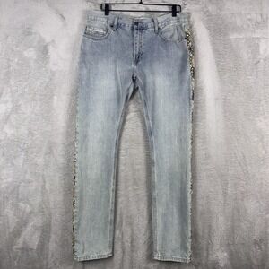 Sun Stone Jeans Womens 32 Light Blue Straight Leg Brown Patch Design Side Panel